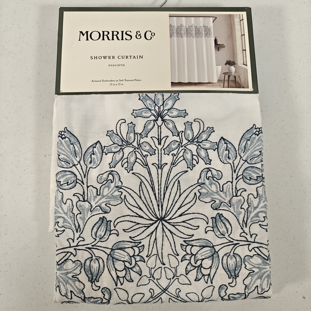 William Morris & Co Hyacinth Embroidered Shower Curtain 72x72" Blue Cotton New